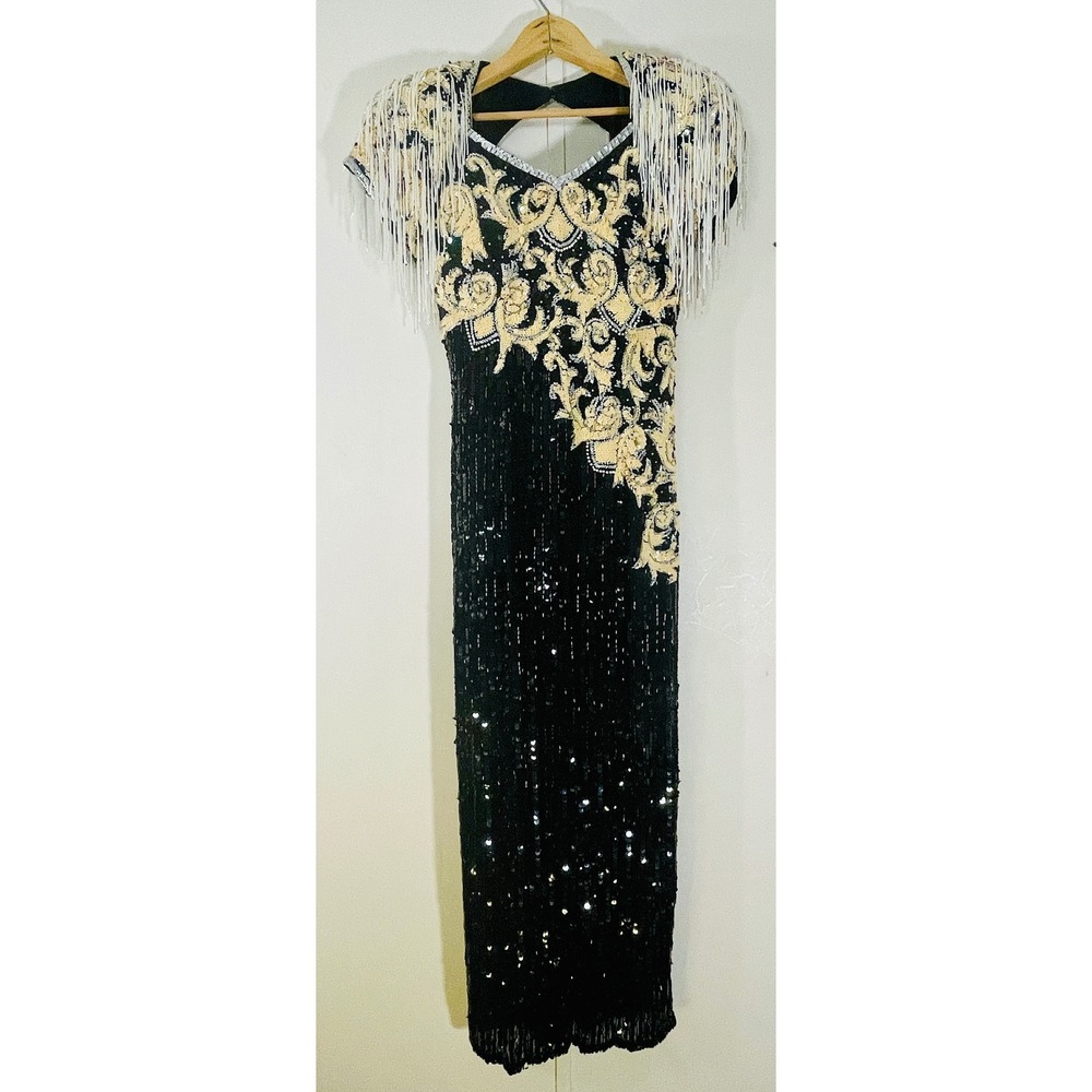 Gatsby Art Deco 80s Glam Black Gold Sequin Fringe Silk Gown Nite Line SZ 6 - Picture 3 of 10